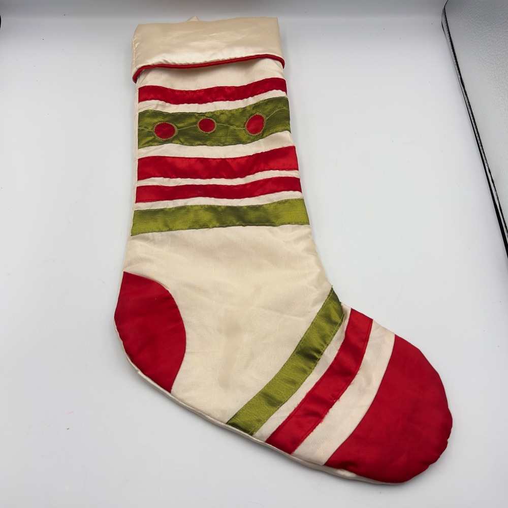 Imperial Home Fashion Christmas Stocking Red Green Striped cream Satin